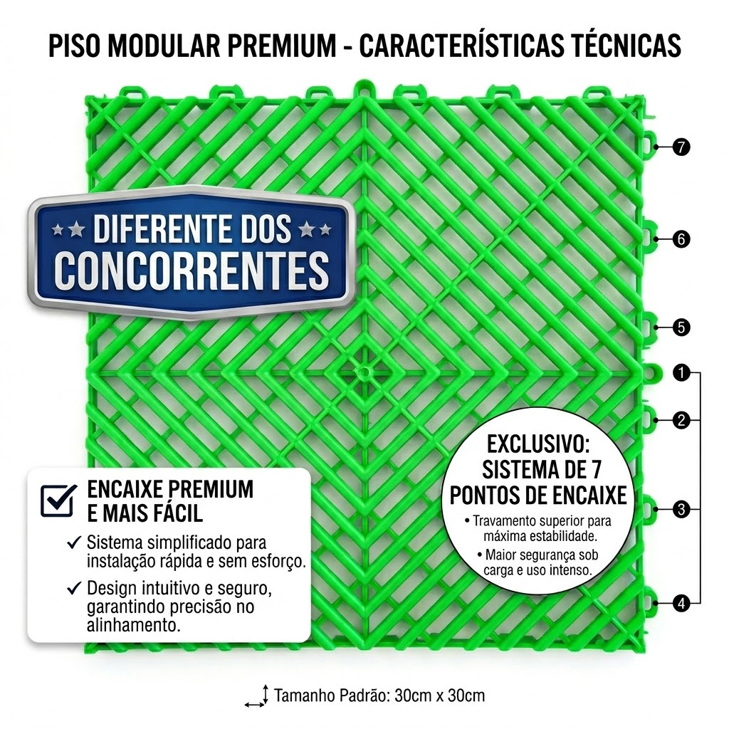 Piso Modular Premium - Características técnicas: sistema exclusivo de 7 pontos de encaixe, encaixe premium mais fácil e tamanho padrão 30cm x 30cm
